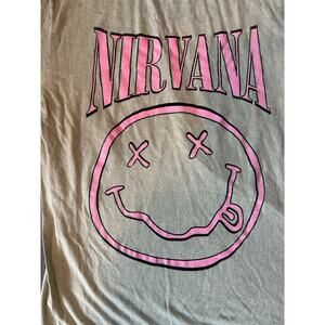 Nirvana Nevermind Logo Smiley Face Light Green/Gray and Pink T-Shirt M